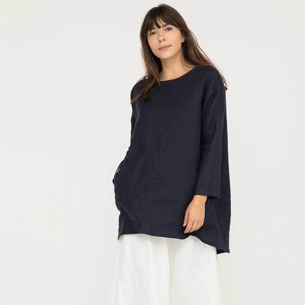 Elizabeth Suzann Long Sleeve Harper Tunic - Navy Linen - OSM